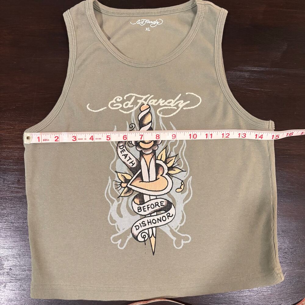 Y2K Ed Hardy Ribbed Cropped Tiny Tank Top – Olive Green Dagger Tattoo Graphic XL - Picture 4 of 6